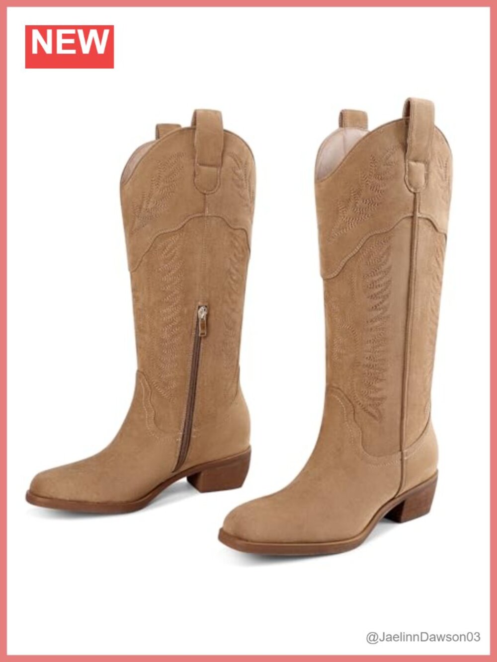 Knee High Western Cowboy Boots Embroidered Chunky Heel Side Zip Square Toe